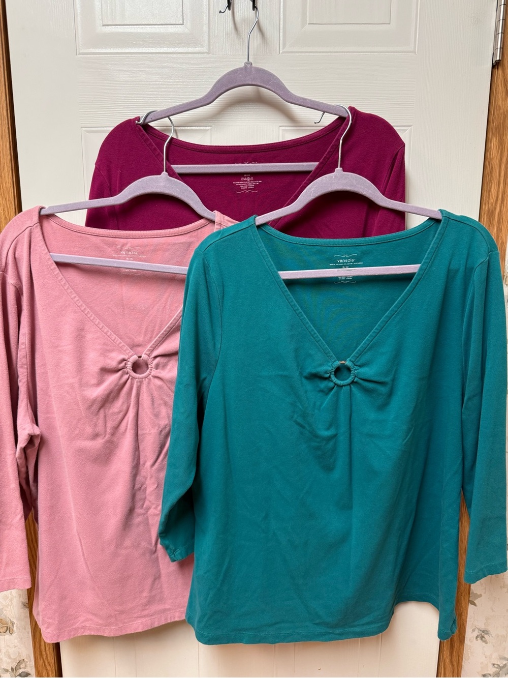 Venezia Bundle of 3 Long-Sleeve V-Neck Tops with Ring Detail — Pink, Teal, Berry